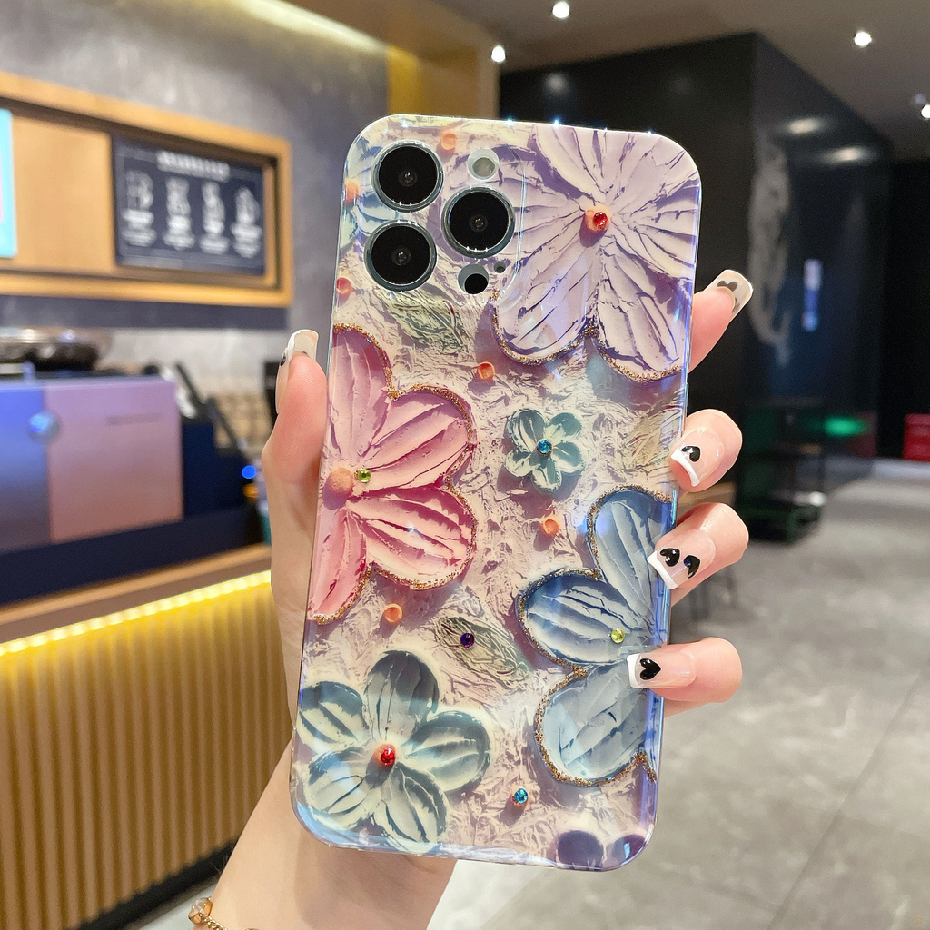 Oil Painting Floral Blue Light Diamond Phone Case