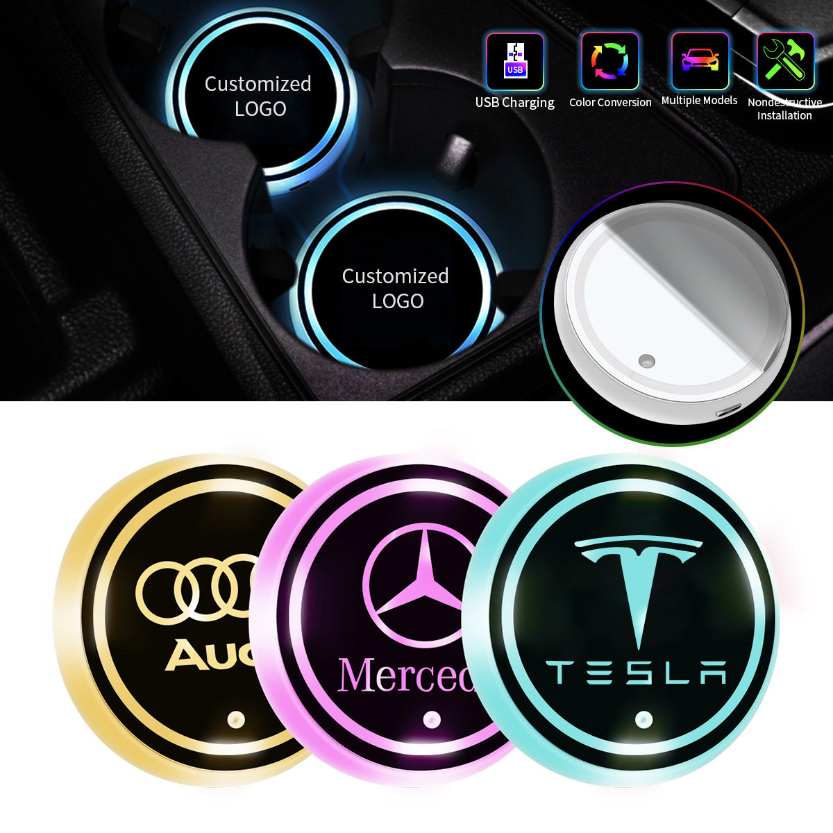Car LED Lighted Cup Coaster with USB Charging