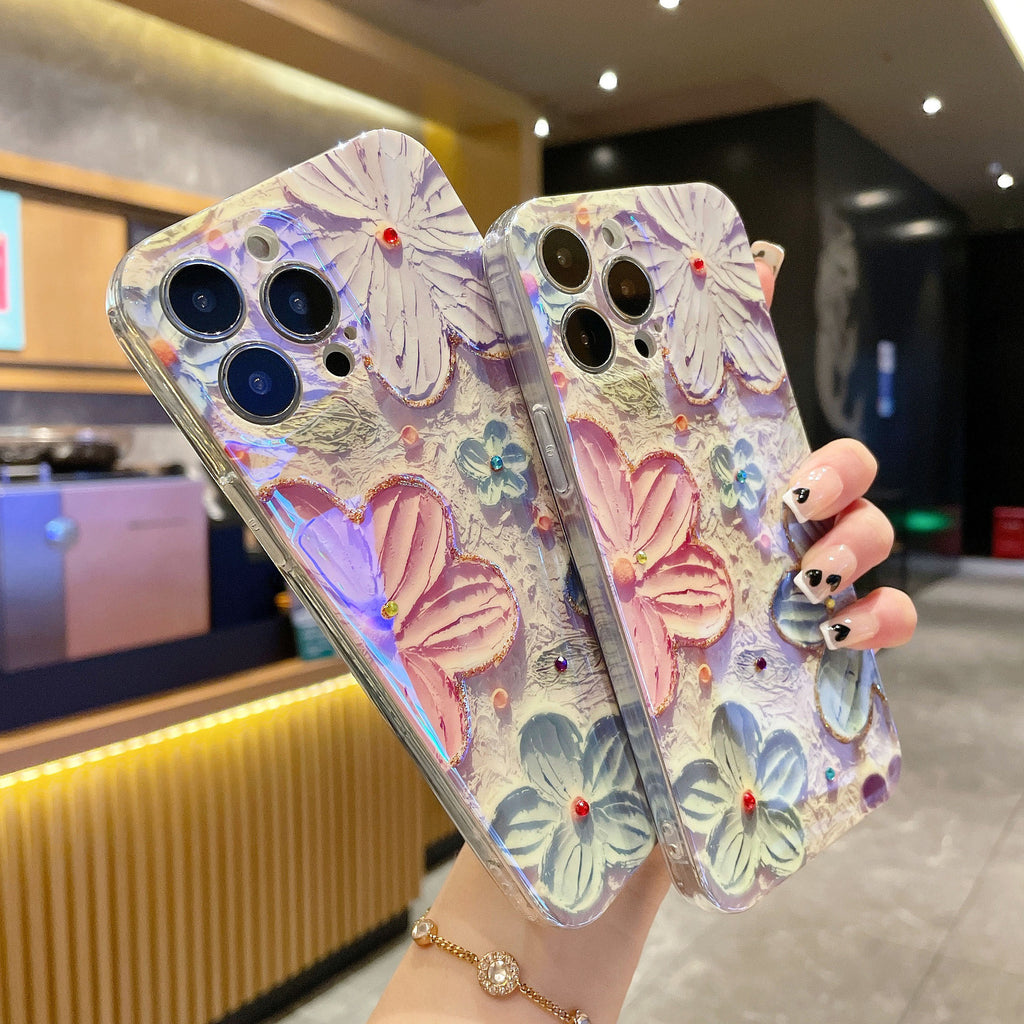 Oil Painting Floral Blue Light Diamond Phone Case