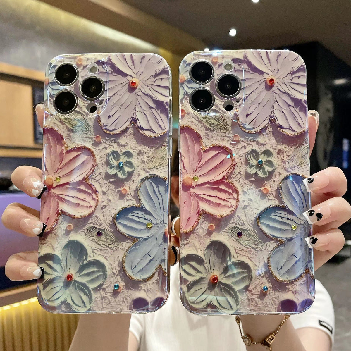 Oil Painting Floral Blue Light Diamond Phone Case